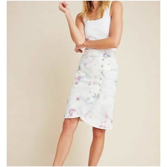 Anthropologie Kimmie White Pink Purple Tie-Dye Button Close Tulip Midi Skirt-12 - Picture 6 of 7